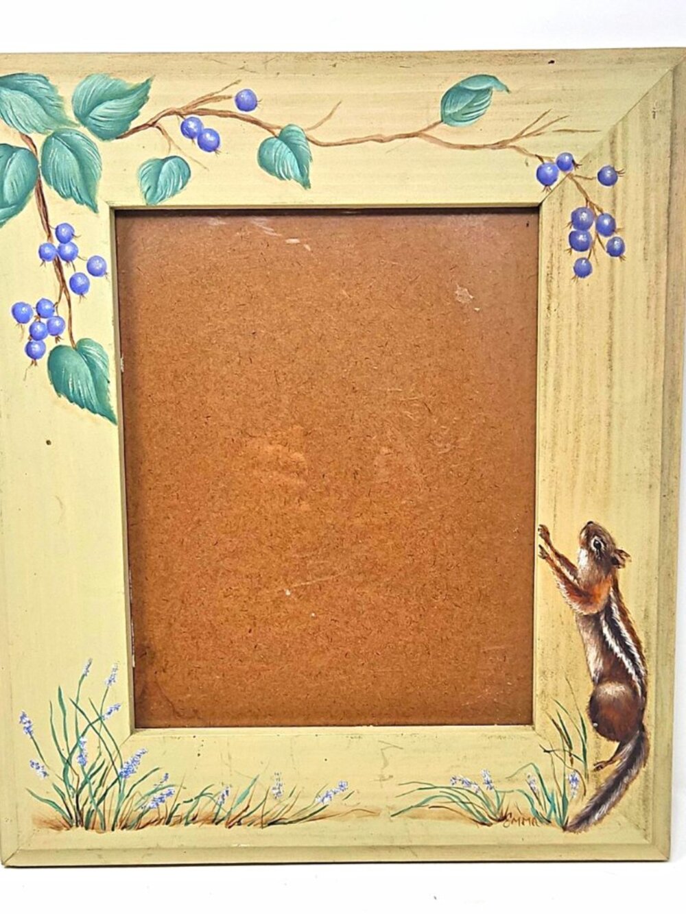 Vintage 1990 Hand Painted Picture Frame Chipmunk & Berries by Emma Cottagecore